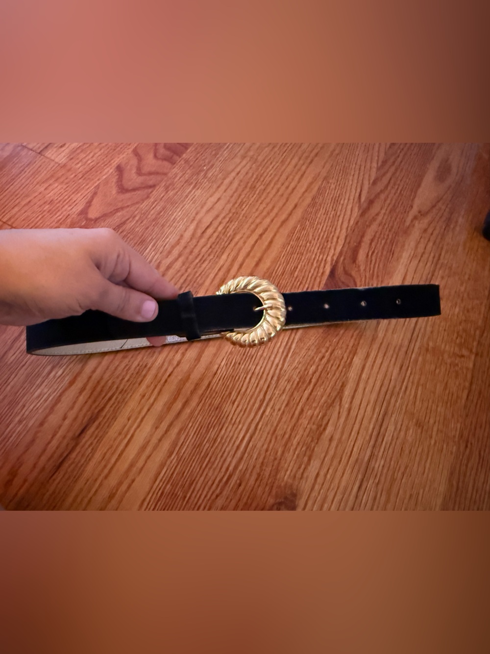 Vintage Leather Black Belt with Gold Round Buckle